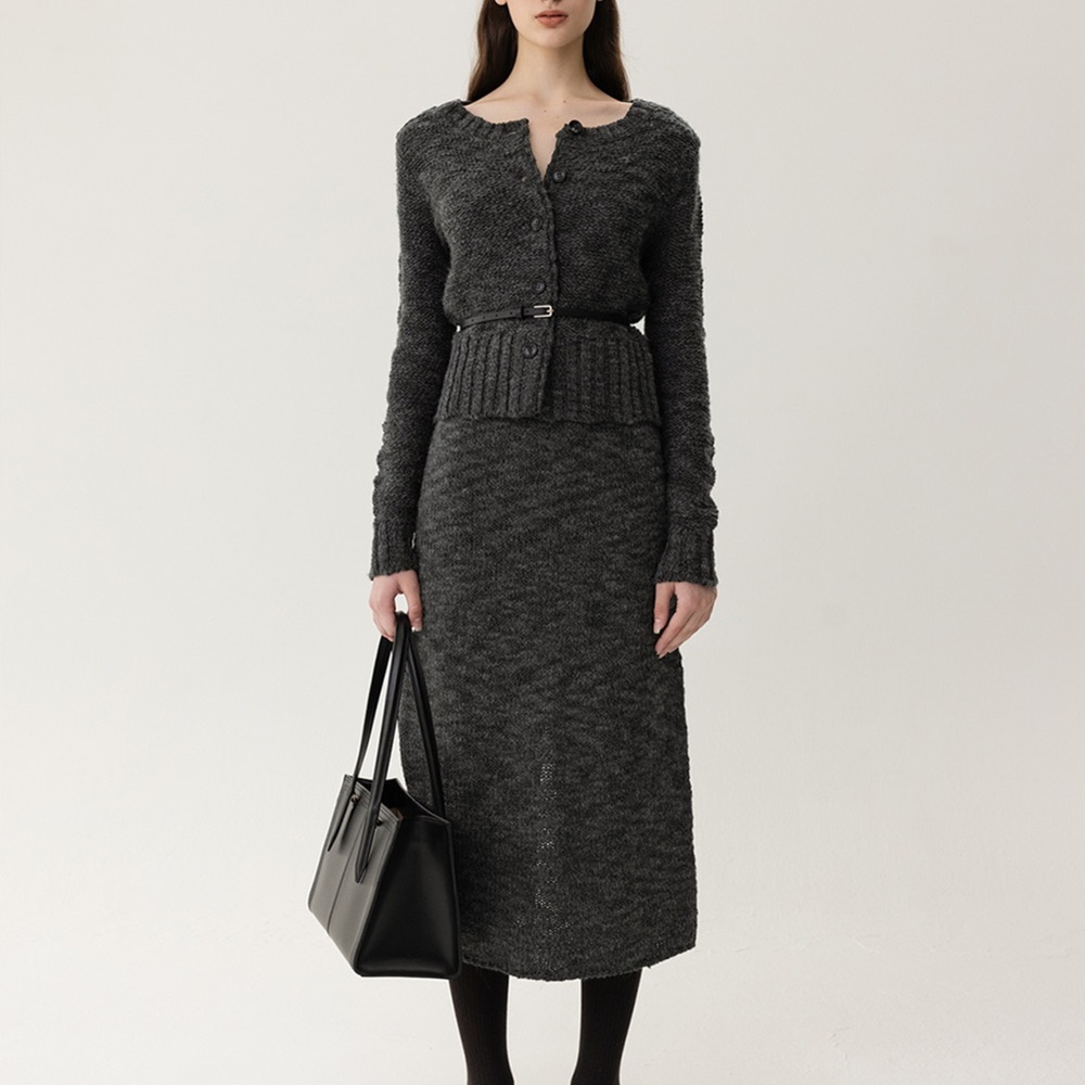 KINDERSALMON Boucle Knit Cardigan Midi Skirt Set
